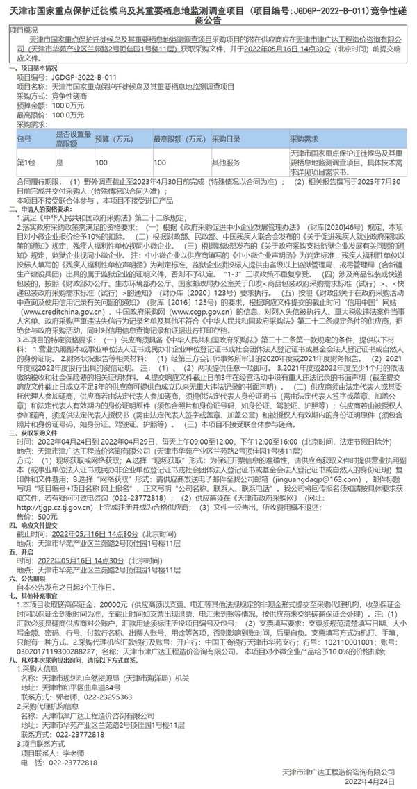 天津市國家重點(diǎn)保護(hù)遷徙候鳥及其重要棲息地監(jiān)測(cè)調(diào)查項(xiàng)目(圖1)